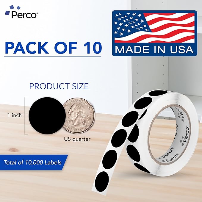 Perco Black 1-Inch Perforated Circle Dot Sticker Labels — 10 Rolls, 10,000 Round Stickers — with Permanent Adhesive for Inventory Management, Color Coding, Garage Sales, Crafts—Made in USA