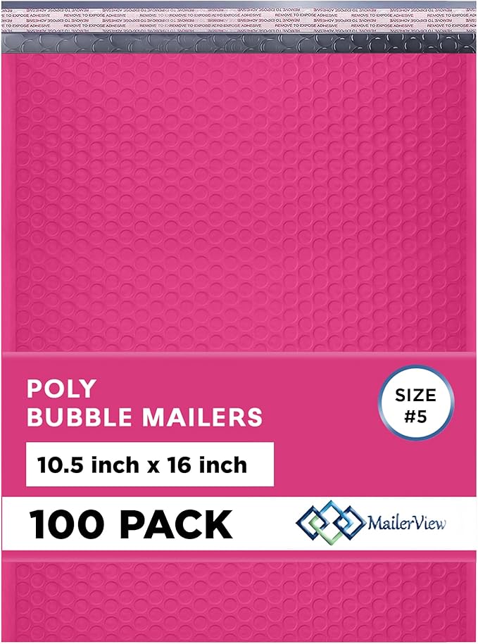 Hot Pink10.5x16 Inch Large Poly Bubble Mailers #5 | Padded Envelopes with Self Seal | Air Lined Cushioned Bubble Mailer | Usable Size 10.5x15 | 100 Pack Bulk | Lightweight shipping Bags