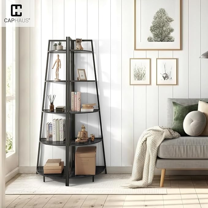 CAPHAUS Tall Corner Shelf Stand, 4-Tier Display Shelves, Ladder Corner Wood Storage Plant Bookshelf with Metal Frame, Versatile Shelving Unit Bookcase for Home Office Space, Black