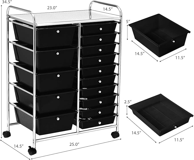 GOFLAME 15-Drawer Rolling Storage Cart, Craft Storage Cart with Removable Drawers & Lockable Wheels, Art Cart Supply Storage Organizer for Home Office Classroom, Black