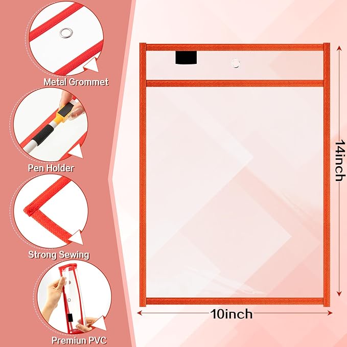 Seajan 120 Pcs Clear Dry Erase Pockets Plastic Sleeves for Paper 14 x 10 Inch Reusable Job Holder Shop Ticket Holders Order Pockets Organizer Teacher Supplies for Classroom (Red)