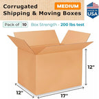 Medium Shipping & Moving Boxes 17x12x12 inches (10-Pack) - Extra Strength 200 lb vs Regular - Corrugated Durable Cardboard Boxes - Medium Moving Box - Heavy Duty Moving Box by IDL Packaging