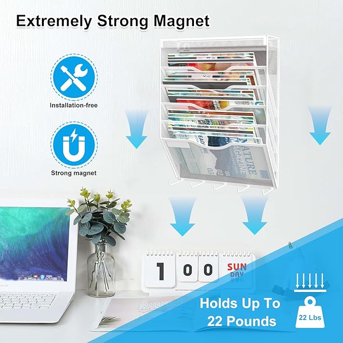 KZWKRG 6 Tier Magnetic File Holder with Hook, Magnetic File Organizer Folder Holder, Wall File Organizer, Hanging Magnetic Paper Holder for File Cabinets, Office, Whiteboard, Magnetic Mail Holder