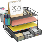 Marbrasse Desk Organizer and Accessories4-Tier Paper File Letter Tray Accessories & Workspace Desk Organizers with Drawer and 2 Pen Holders for School Home Office Supplies (Black)