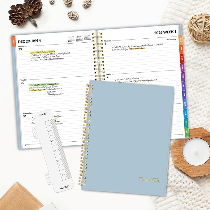 SUNEE 2026 Weekly and Monthly Planner - from January 2026 - December 2026, Daily Agenda Planner with Monthly Tab, Flexible Cover, Note Pages, Pockets, Bookmark, Spiral Binding, Gray Blue, 8.5"x11"