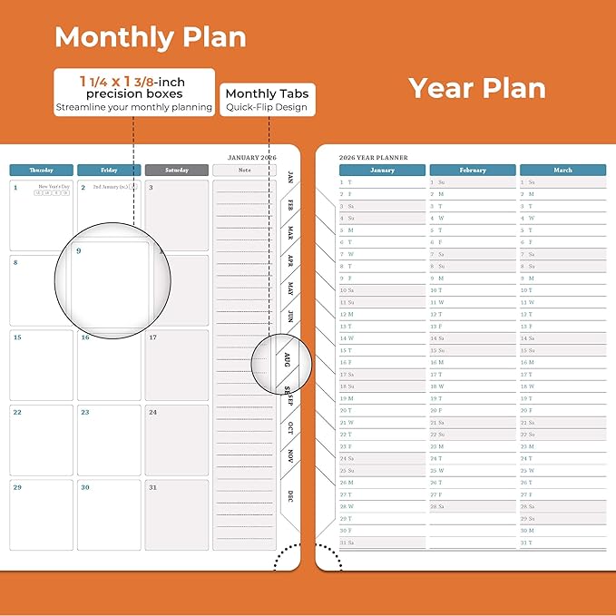 IN-LUXPRO Planner 2026 Daily Weekly and Monthly,11.5"x8.5",12 Months Spiral Bound Calendar Agenda with Self-adhesive Pen Holder,2026 Appointment Book with Vegan Leather Soft Cover,Orange