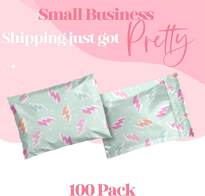 Pretty Package Store 10x13 Designer Poly Mailer 100 Pack Heavy Duty Waterproof Self Seal Shipping Bags for Small Business Large Mailing Envelopes Bulk Tear Resistant Cute Packaging Lightning Bolt