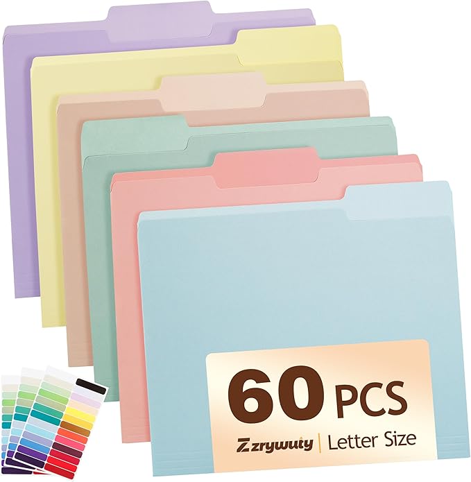 Color File Folders, 1/3-Cut Tabs, Letter Size, 6 Colors Organizer File Folders for School Home Office Business (60, Pastel Colors)