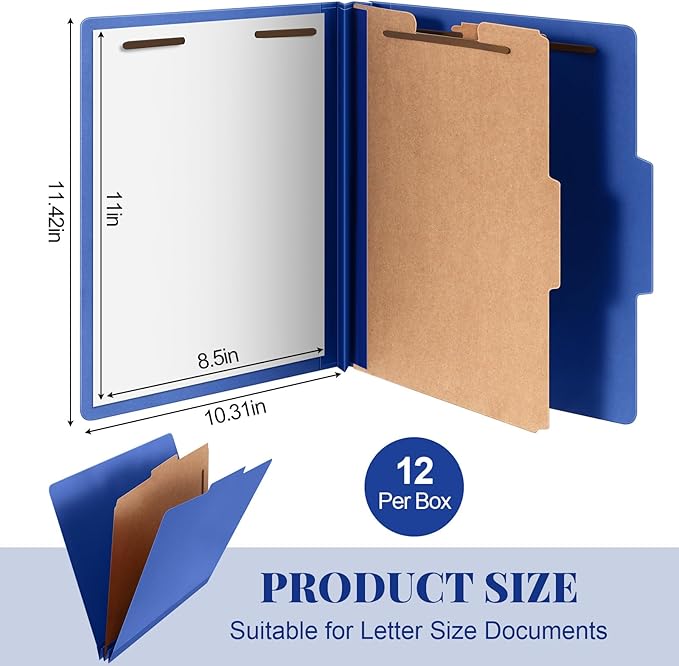 Skyygemm 12 Pcs Classification Folders Letter Size, 1 Divider Pressboard File Folder with Fasteners, Expanding File Organizer Bulk for School Teachers, Office Employee, Coworker, Staff (Dark Blue)