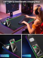 XXL Mouse Pad with Phone Holder - Black, RGB Desk Mat with 15W Fast Charging, LED Gaming Mousepad with 11 Light Colors, Waterproof Non-Slip Pad for Office & Home
