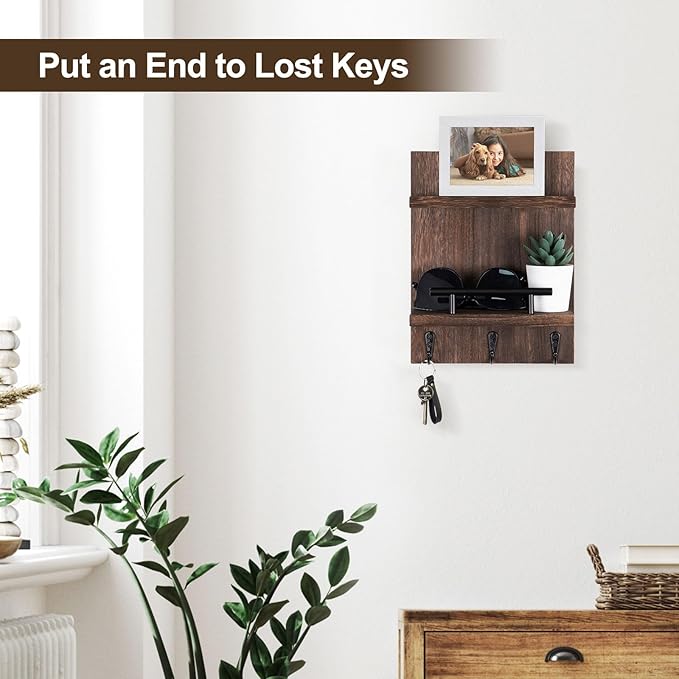 Lucundm Key Holder Wall Mount, Mail Shelf Decor with 3 Key Hooks, Versatile Wood Wall Organizer for Entryway Hallway (8.2” x 10.6”x 3.6”) (Brown)