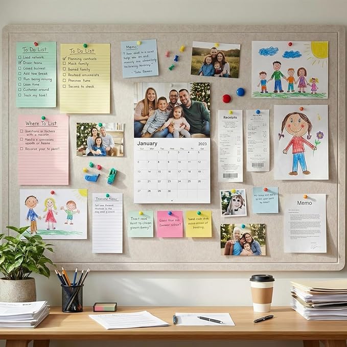 Foldable Bulletin Board 48x36 Large, Felt Cork Board for Wall with Adhesive Tape, Fabric Pin Board for Office, Home, School, Classroom, Kitchen, Dorm Room, Includes 30 Pins, Ivory Tan