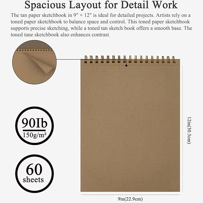 Fuxi Toned Tan Sketchbook 9x12-60 Sheet Acid Free Toned Paper, Professional Drawing Pad for Artists & Art Students.