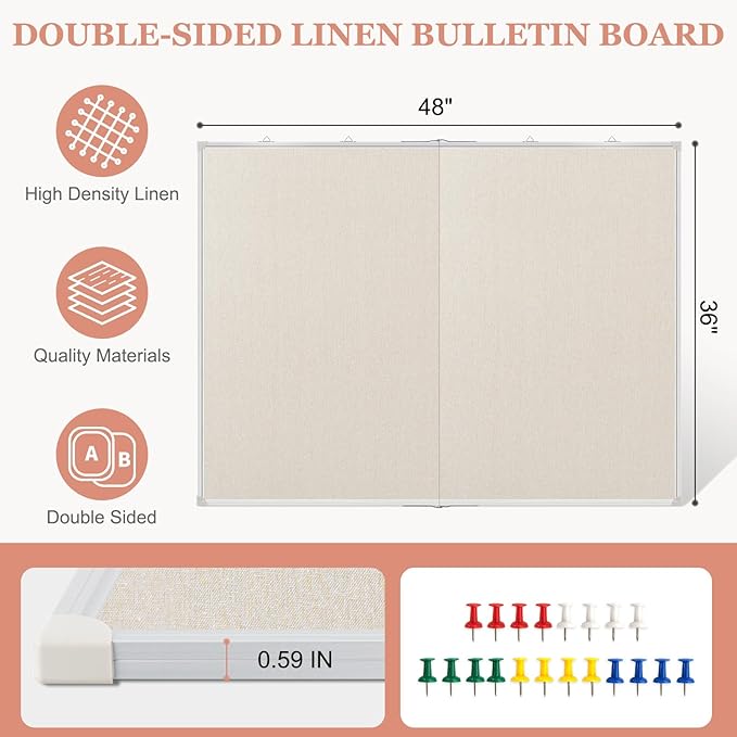 AMUSIGHT Double-Sided Large Cork Board with Linen, 48" x 36" Foldable Hanging Aluminum Framed Bulletin Board, Vision Board Pin Board Corkboards for Walls, Office, School Decor, 20 Pushpins