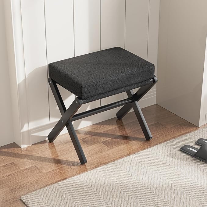 BAMBOOHOMIE Foldable Foot Stool Ottoman, Modern Foot Rest with Bamboo X Legs & Thick Foam Cushion, Folding Foot Stools Small Padded for Bedroom Living Room, Footstool for Chair Couch (Black - Black)