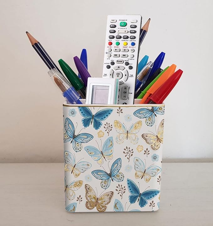LEAZUL Pen Pencil Holder, Makeup Brush Holder,Ceramic Remote Control Holders Organizer with 2 Compartment Floral Multi-functional Office Organizers Storage Caddy Desk Tv Remote Holders Shiny Butterfly