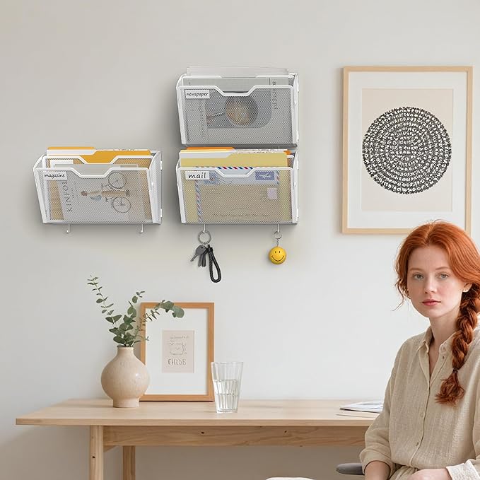 Docnest 2 Tier Mesh Wall File Holders with Hooks – 3 Pack Hanging Letter Holder - Document Organizer for Mail, Paper, Office, Home, School – Space-Saving Wall Mounted Folder Holder – White