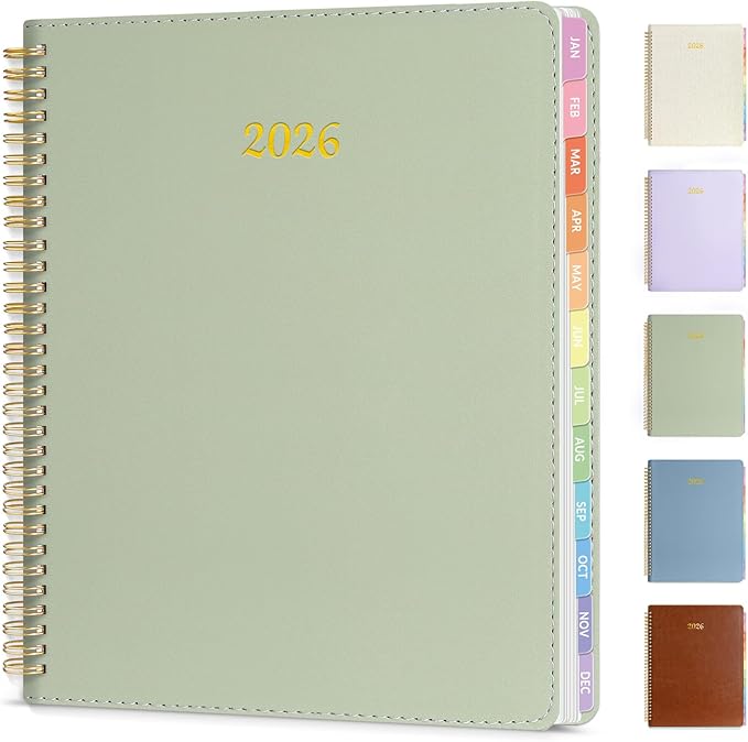 2026 Planner, Annecy Weekly ＆ Monthly Planner 2026, Jan. 2026 – Dec. 2026, 9" x 11" Monthly Agenda Planner with Tabs, Vegan Leather Cover, Spiral Binding, Double-sided Pocket, Bookmark, Green