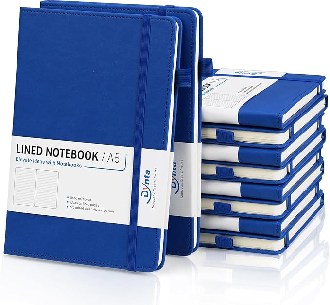 Dynta Hardcover Journal Notebooks 10 Pack A5 Lined Journals Bulk 5.8 x 8.4 Inch 160 Pages/80 Sheets College Ruled with Pen Loop Notebooks for Work, Writing, Note Taking (Blue)