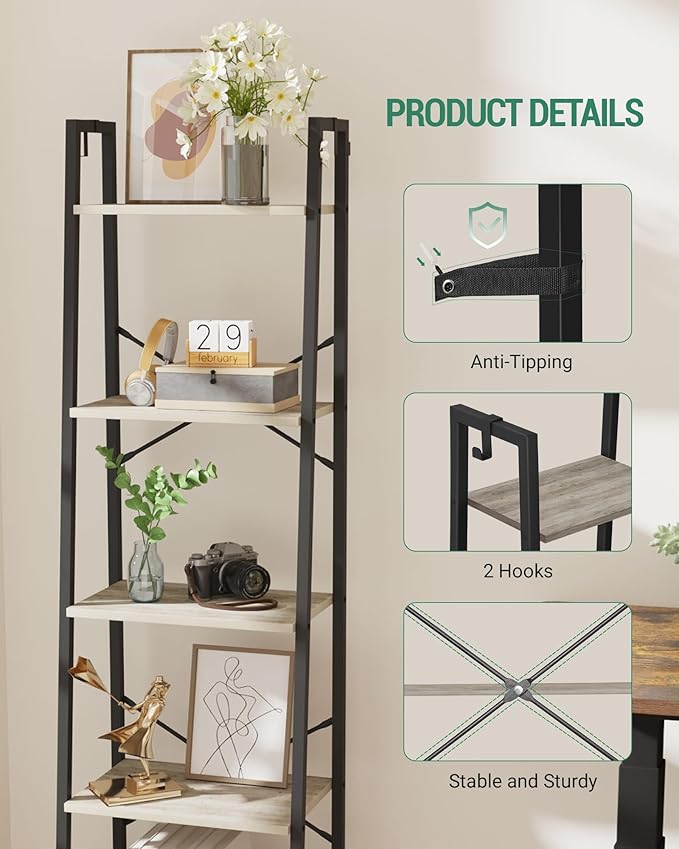 Hzuaneri Ladder Shelf, Bookshelf Bookcase, Freestanding Corner Storage Shelve with 2 Hooks for Home Office, Living Room, Kitchen, Bedroom, Industrial, 11.8" D x 17.3" W x 63" H, Greige BC19205B