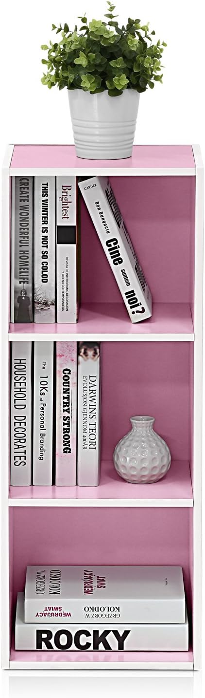 Furinno LUDER Book Shelf, 3-Cube Bookshelf, Bookcase with Open Shelves, 9.3 x 12 x 31.5, for Living Room, Bedroom, Home Office, White/Pink