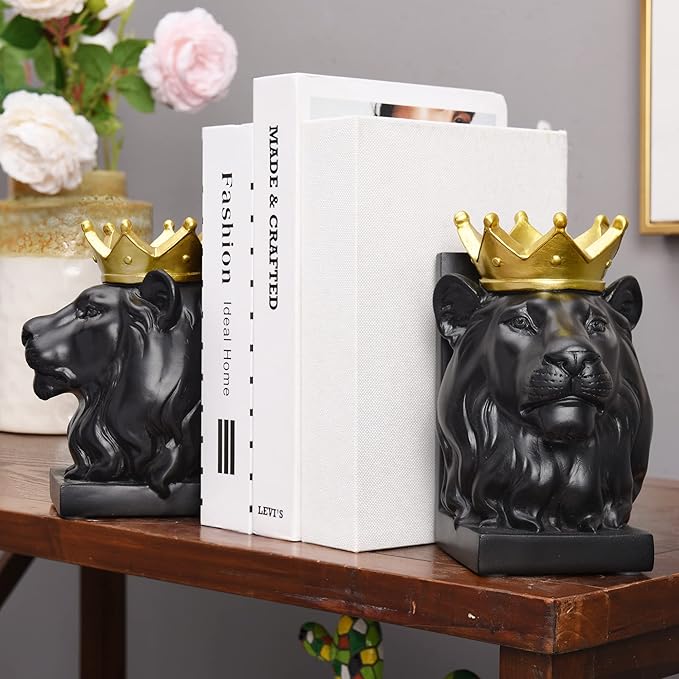 Kakizzy Book Ends Decorative, Lion Bookends for Shelves, Animal Book Stopper Decorative, Modern Book Ends for Heavy Books, Lion Figurines Statues Indoor, Unique Book Lover Gift(Black Lion)