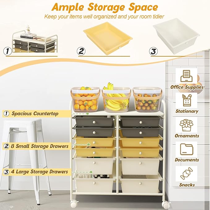 LDAILY 12 Drawer Rolling Storage Cart, Craft Cart Organizer on Wheels w/Metal Frame, Large Capacity & Smooth Drawer, Rolling Cart w/Drawers for Classroom, Office