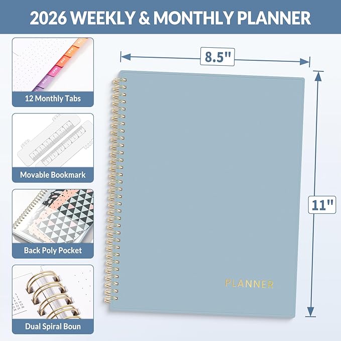 SUNEE 2026 Planner, Weekly and Monthly Calendar Planner, January 2026-December 2026, Daily Agenda with Tabs, Note Pages, Spiral Binding, 8.5"x11", Blue