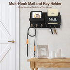 Lwenki Mail Organizer for Wall Mount – Key Holder with Shelf Includes Letter Holder and Hooks for Hallway Farmhouse Decor – Rustic Wood with Flush Mounting Hardware (16.5” x 9.1” x 3.4”) (Black)