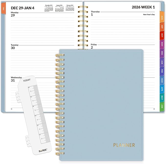 SUNEE 2026 Weekly and Monthly Planner - from January 2026 - December 2026, Daily Agenda Planner with Monthly Tab, Flexible Cover, Note Pages, Pockets, Bookmark, Spiral Binding, Gray Blue, 6.4" x 8.3"