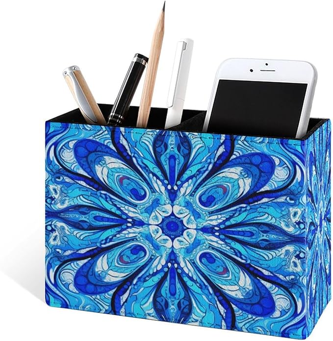 Famame Blue White Abstract Design Pencil Holder for Desk, Leather Desktop Container Pen Cup Storage Study Table Pen Organizer Makeup Brush Holder for Classroom Office Home