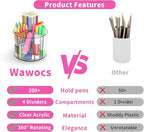 Wawocs Small Pencil Organizer for Desk Acrylic 4 Compartments, Tiny Rotating Art Supply Organizer Kids, Spinning Round Marker Small Clear Desktop Caddy Swivel Office Pen Pencil Holder