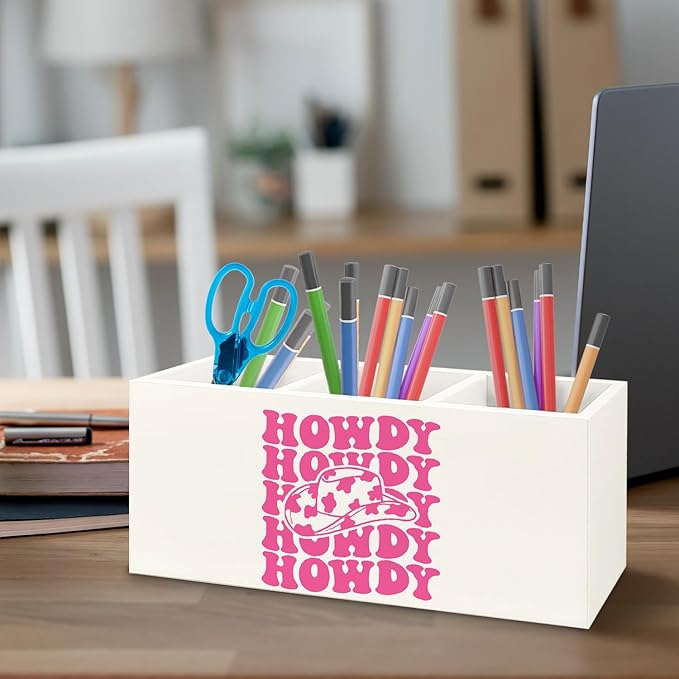 URLLUAE Hot Pink Western Howdy Wooden Pen Pencil Holder for Office Desk Accessories, Western Cowgirl Gifts for Women Makeup Brush Toothbrush Holder Organizer for Bathroom