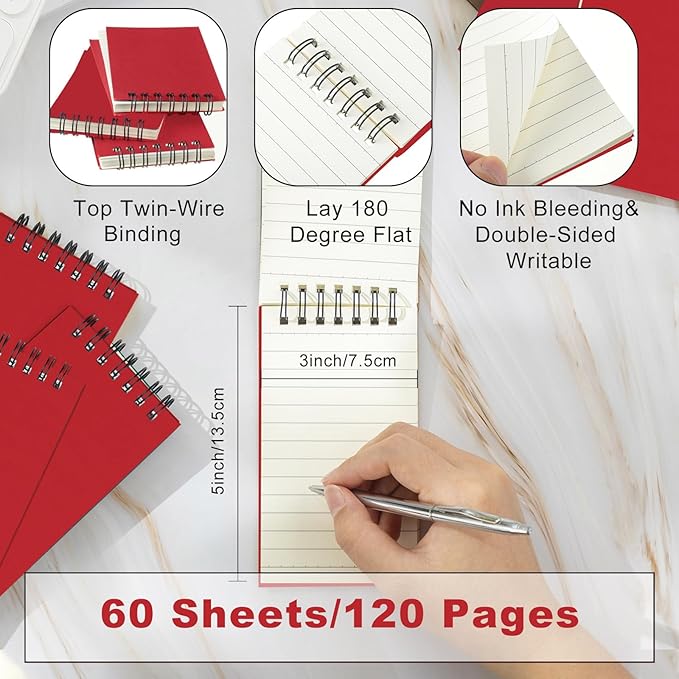 Tenceur 54 Pcs Pocket Notebook Small 3 x 5 Inch Red Spiral Notepads Mini Top Bound Notebook with Lined 120 Pages Ruled Memo Pads for Office College Nurse Essentials Back to School Gift