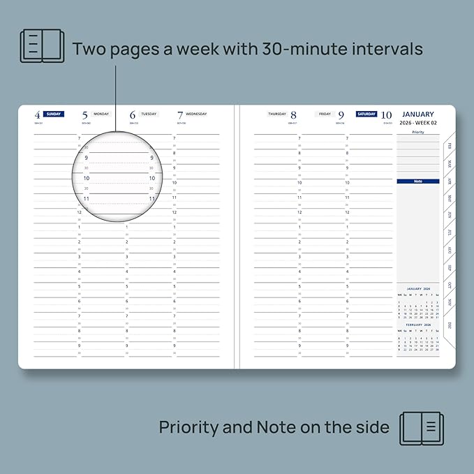 POPRUN 2026 Weekly Planner (Medium 7'' x 8.5''), 30-Minute Hourly Appointment Book (Jan 2026-Dec 2026) with Monthly Tabs, Inner Pockets, Pen Holder, PU Leather Softcover, 100GSM - Black