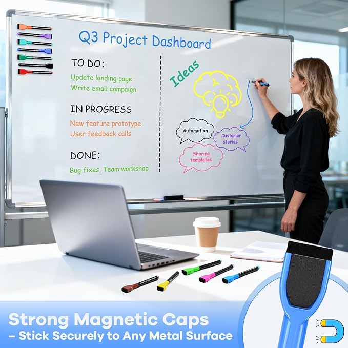 SUQJOY Magnetic Dry Erase Markers with Eraser Caps, Fine Tip 1-2mm, Low Odor Quick Dry Ink, 12 Colors, Whiteboard Marker Set for Fridge Calendar Office, 36 Count
