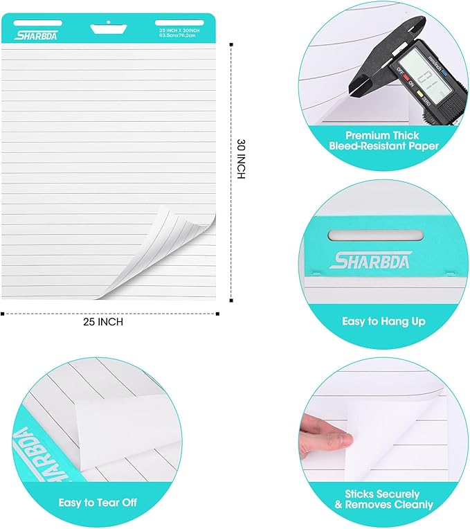 SHARBDA Lined Sticky Easel Pad, 25 * 30 inch,Self-Stick Flip Chart Paper, Super Adhesive & Bleed-Resistant,Micro-Perforated Tear,Classroom Teacher Office Presentation Pads,10 Pads/Pack,300 Sheets