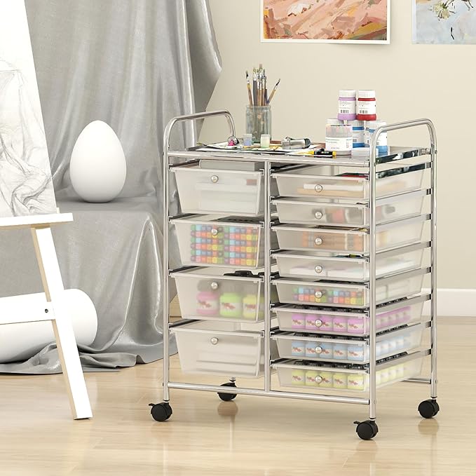 Giantex 12 Drawer Rolling Cart with Drawers, Storage Organizer Cart for Classroom Office School Teacher, Mobile Drawer Cart for Tools, Crafts, Small Printer, Clear