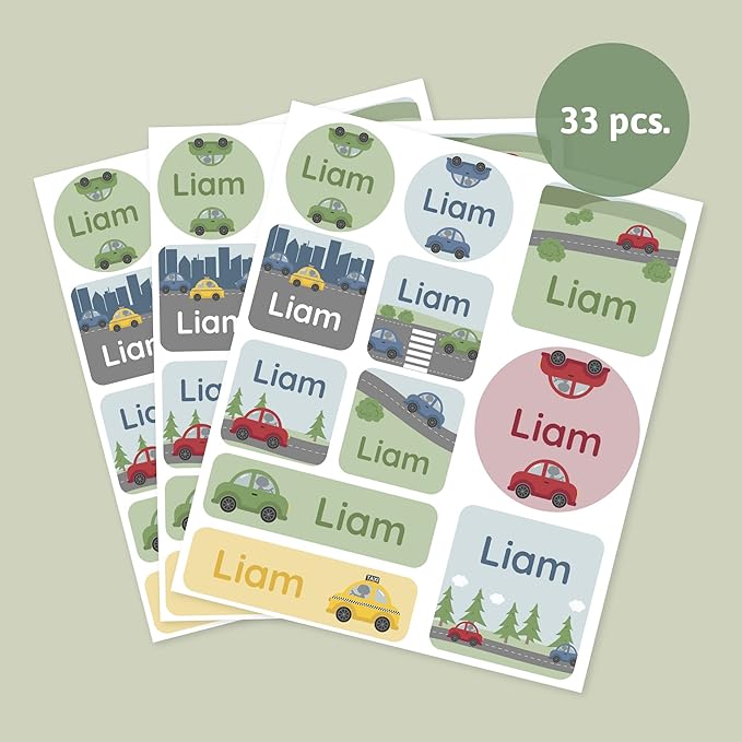 Large Name Labels for Kids (33) - Custom Stickers for Daycare and School Supplies - Durable, Waterproof Stickers for Water Bottles, Lunch Boxes, and More with Unique Designs - Cars