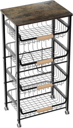 NiuYichee 5-Layer Fruit Basket Kitchen Food Organizer and Rack, Stackable Storage Cart with Desktop, Pull-Out Hollow Metal Basket, Wheeled Sorting Rack Spice Rack, Black