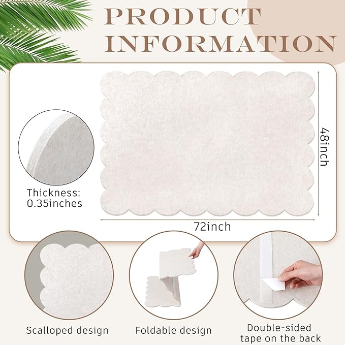 Mooliwe Scalloped Felt Bulletin Board 72 x 48 Inches Foldable Beige Pin Cork Board Alternative for Wall, 6' x 4' Trifold Picture Vision Self Adhesive Bulletin Decorative