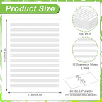 Fullhawl Loose Leaf Music Filler Manuscript Paper 8.5"x11" with 12 Staves of Music Lines 100 Sheets 3 Hole Blank Manuscript Staff Paper for Compositions
