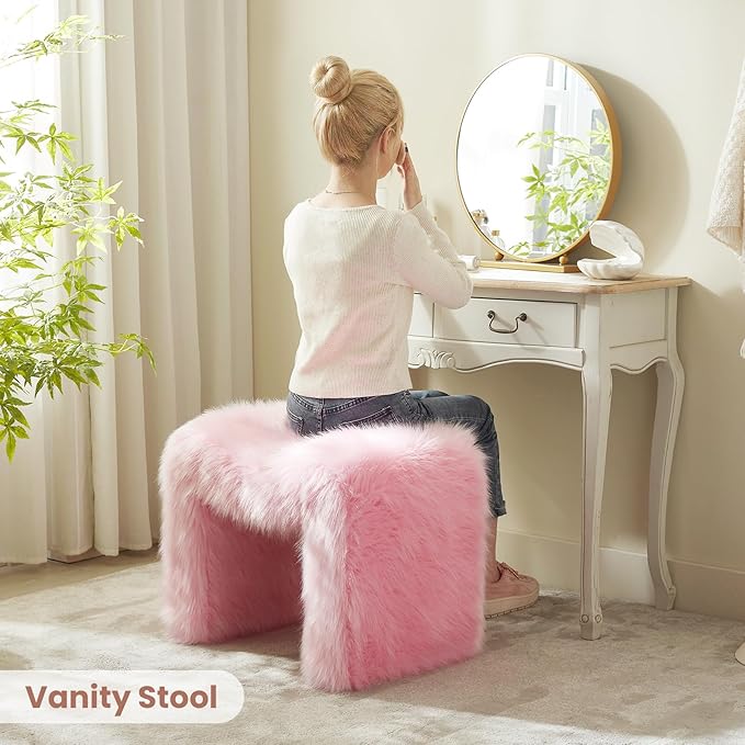 ZYKZYK Modern Vanity Stool Ottoman, Backless Faux Fur Small Footstool for Makeup Room, Living Room, Bedroom, Entryway Portable and Comfortable Seating (Single Piece) Pink