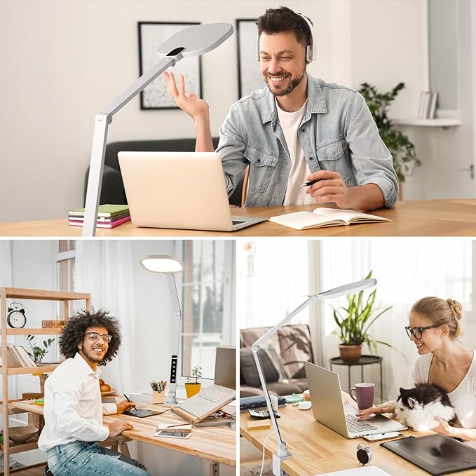 LitONES LED Desk Lamp for Home Office, 15W Desk Light with C- Clamp, Swing Arm, Memory & Timer Function, 1200LM Dimmable Computer Light for Video Calls, Conference, Study (White-Clamp)