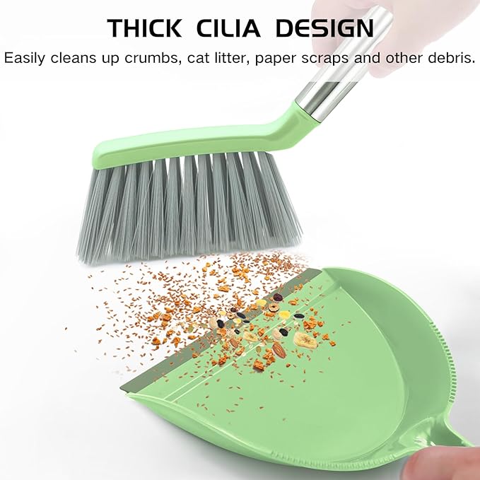 NACENA Mini Broom and Dustpan Set, Small Dust Pan and Brush Set with Handle Dustpan Teeth for Cleaning Hair Suitable for Office Desks Drawers Sofas Outdoor Camping, Light & Green