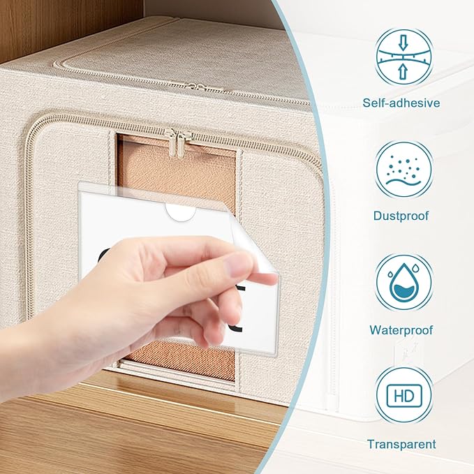 60 Pack 3" x 5" Index Card Pockets with Top Open Self-Adhesive Index Card Holders Clear Plastic Labels Holders for Storage Bins, Organizing