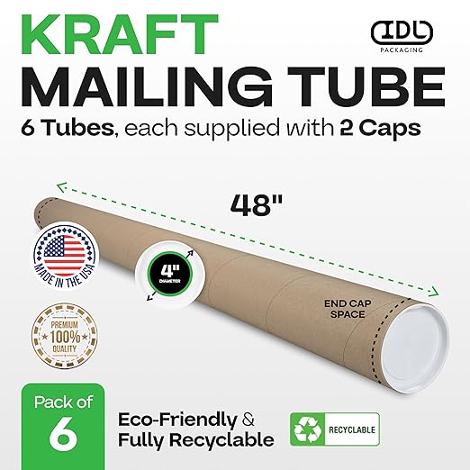 Cardboard Mailing Tubes, 4" x 48" with Plastic Caps, Pack of 6 - USA-Made USPS Approved Poster Tube for Documents & Blueprints - Reinforced Mailing Cylinders for Shipping & Storage by IDL Packaging