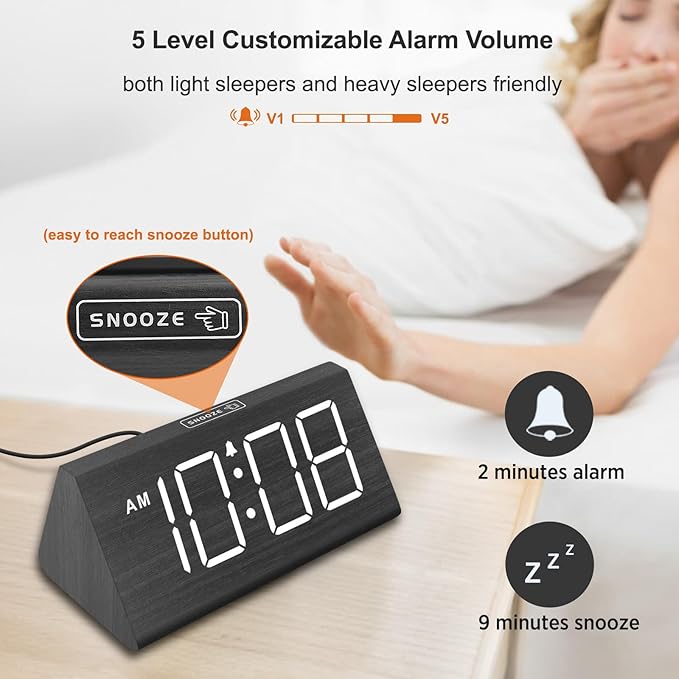 DreamSky Wooden Digital Alarm Clocks for Bedrooms - Electric Desk Clock with Large Numbers, USB Port, Loud Alarm for Heavy Sleepers, Adjustable Volume, Dimmer, DST, Wood Décor Gifts, Adapter Powered
