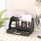 Wisuce Essentials Bamboo Desk Organizer with Drawers, Mail Organizer Countertop Wood Desk Drawer Tabletop Storage Organization Pen Holder Letter Sorter Makeup Organizer for School Home Office (Black)