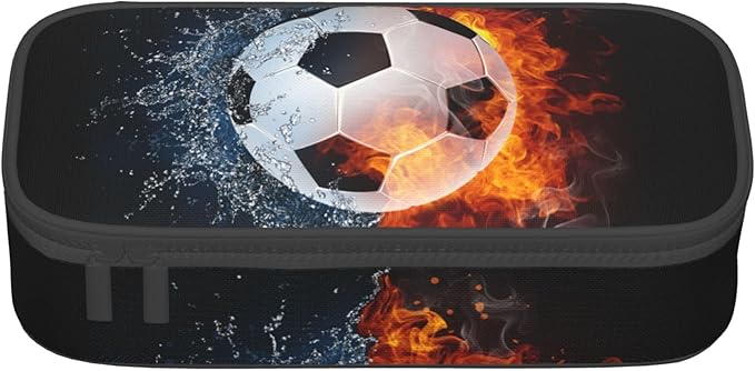 Boys Soccer Pencil Case with Water & Fire Pattern Print, Cool Black Pencil Box for Kids, Sports-Themed Canvas Storage Pouch Marker Pen Organization Bag, Portable Desk Office Organizer Travel Bag